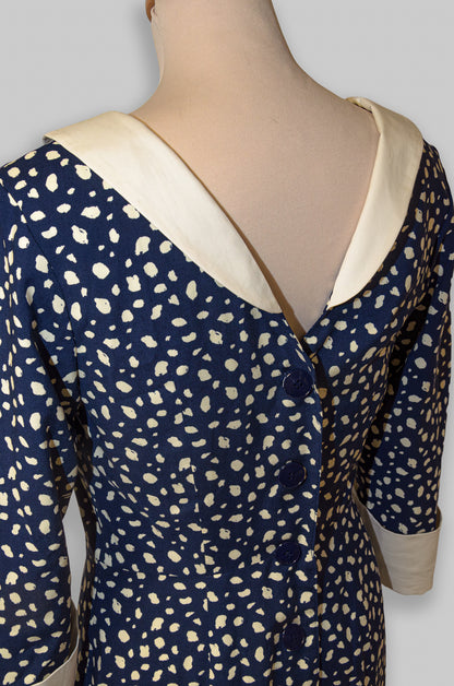 Robe bleue marine et beige en coton : Estelle