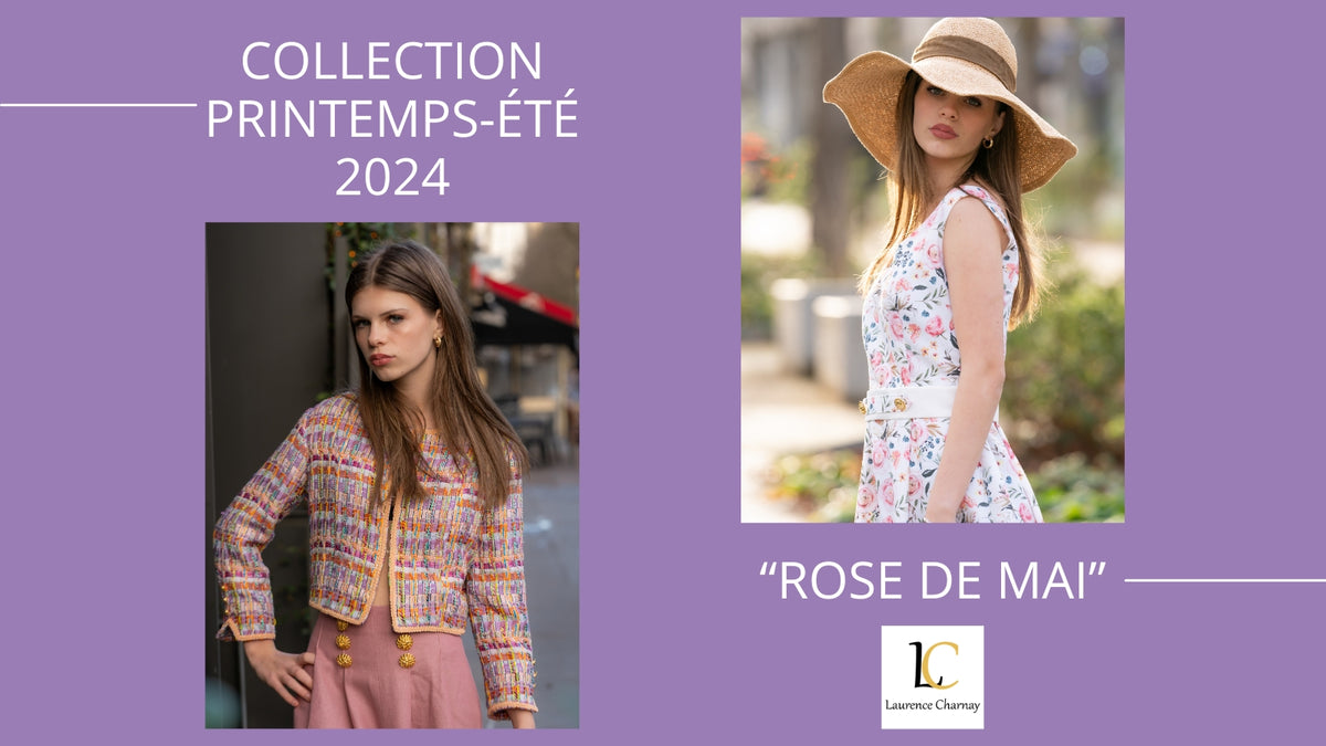 Collection Printemps-Été 2024 Rose de Mai : tailleur en tweed rosé et robe fleurie